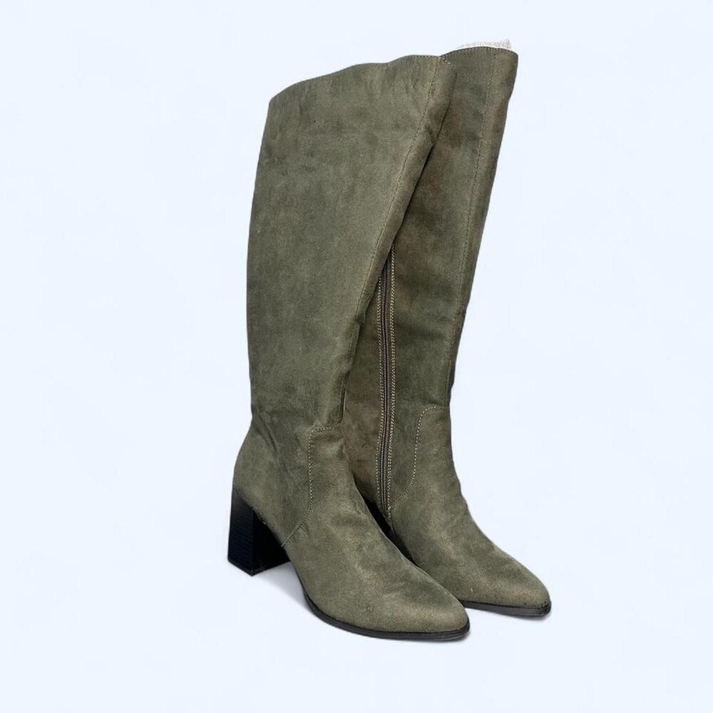 Olive Green Knee High Boots Faux Suede Gritty Boho Granola Girl Utility Gorpcore